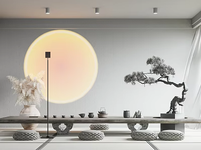 Tranquil Tea Room Interior With Round Yellow Decor Long Table Tea Sets And Pine Ornament 3d model