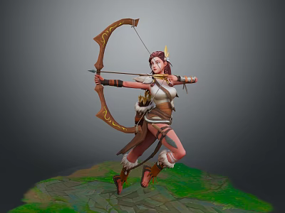 Woman Archer In Dynamic Stance With Decorative Bow And Armor Standing On Grass Ground 3d model