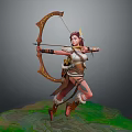 Woman Archer In Dynamic Stance With Decorative Bow And Armor Standing On Grass Ground