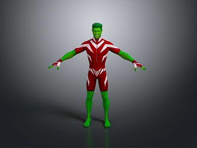 Green Man In Red And White Tight Suit With Arms Outstretched Standing Against Gray Background 3d model