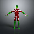 Green Man In Red And White Tight Suit With Arms Outstretched Standing Against Gray Background