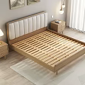 Modern Double Bed With Upholstered Headboard Wooden Frame Grey Sheets Plaid Blanket And Nightstand