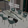Elegant Restaurant Interior With Marble Dining Table Dark Green Chairs Chandeliers And Large Windows