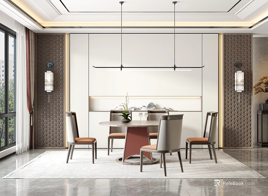 Modern Restaurant Interior With Dining Table Chairs Hanging Lights And Wall Decor 3d model 