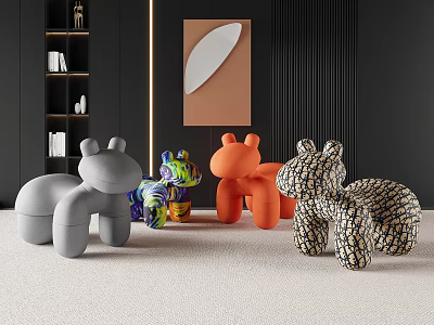 Colorful Cartoon Animal Shaped Kids Chairs In Modern Interior Space 3d model