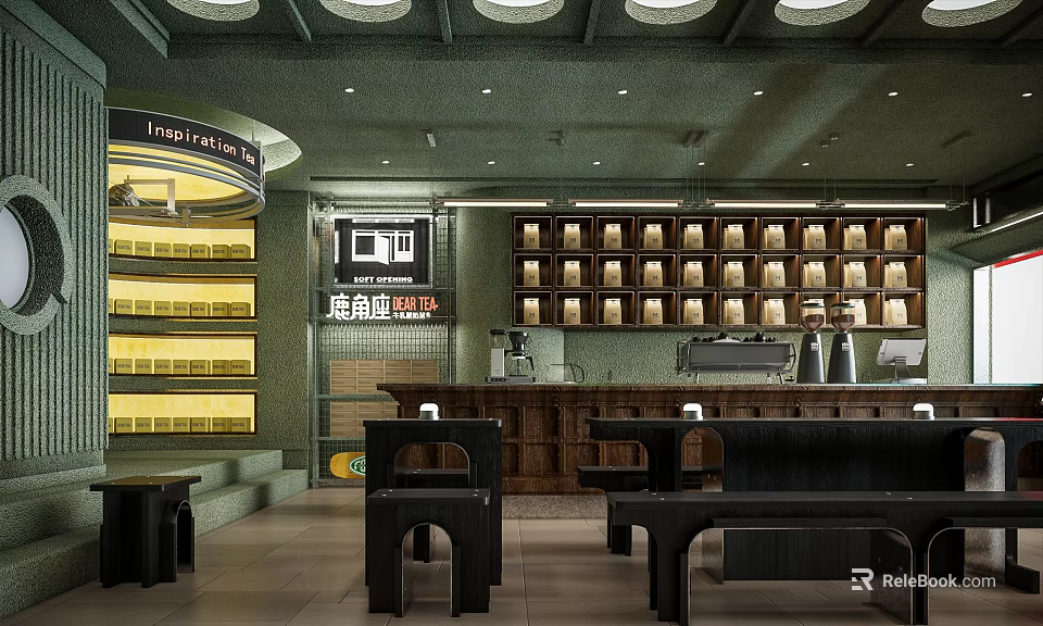 Modern Coffee Shop Interior With Green Walls Wooden Counter Black Benches And Round Lights 3d model 