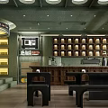 Modern Coffee Shop Interior With Green Walls Wooden Counter Black Benches And Round Lights