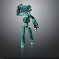 Teal Colored Robot With Head Device In Standing Pose On Reflective Surface