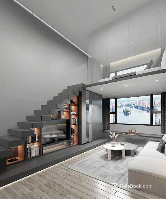 Modern Apartment Interior With Open Layout Staircase Bookshelves TV And City View 3d model 