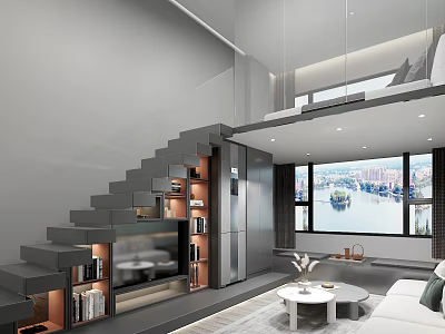 Modern Apartment Interior With Open Layout Staircase Bookshelves TV And City View 3d model