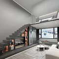 Modern Apartment Interior With Open Layout Staircase Bookshelves TV And City View