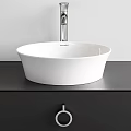Modern Washbasin with White Basin Black Cabinet Circular Handle Silver Faucet and White Framed Mirror