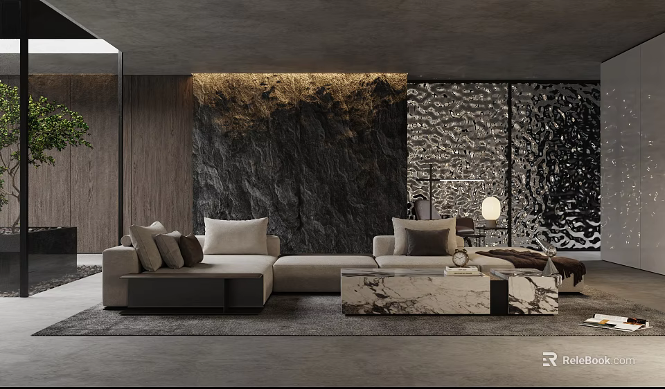 Modern Minimalist Living Room With Textured Wall Marble Coffee Table And Floor To Ceiling Windows 3d model 