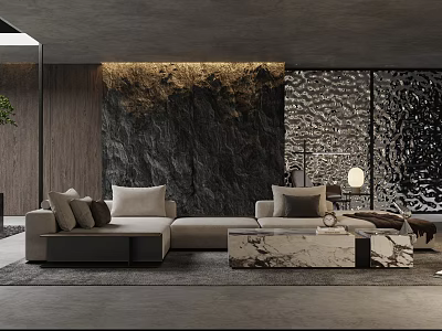 Modern Minimalist Living Room With Textured Wall Marble Coffee Table And Floor To Ceiling Windows 3d model