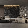 Modern Minimalist Living Room With Textured Wall Marble Coffee Table And Floor To Ceiling Windows