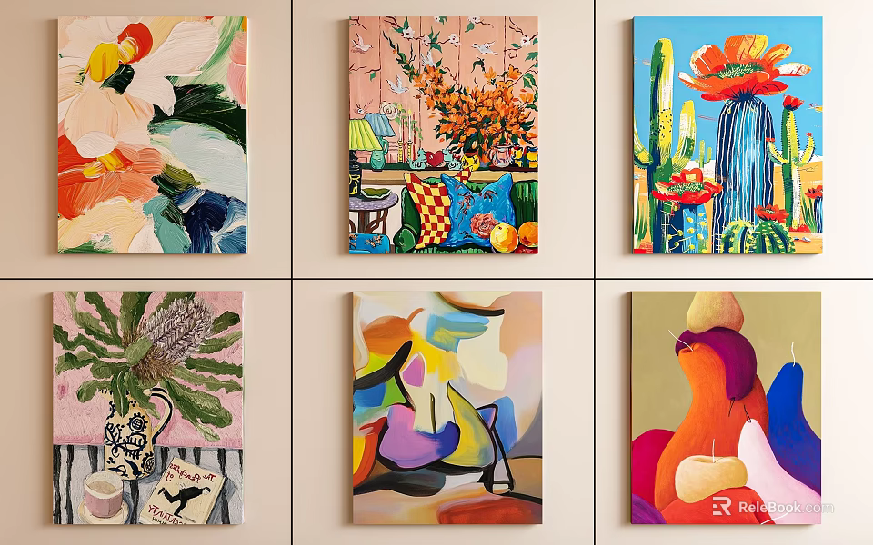 Vibrant Modern Oil Paintings Featuring Abstract Shapes Flowers And Cactus Designs 3d model 