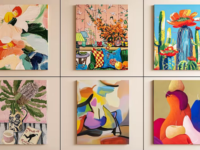 Vibrant Modern Oil Paintings Featuring Abstract Shapes Flowers And Cactus Designs 3d model