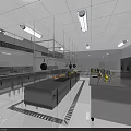 Modern Commercial Restaurant Kitchen Interior With Stainless Steel Workstations And Hanging Lights