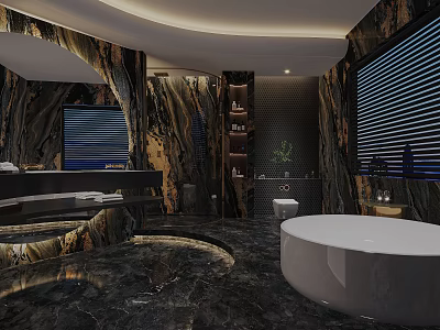 Luxurious Hotel Bathroom Interior With Marble Walls Freestanding Bathtub Large Mirror And Shelves 3d model