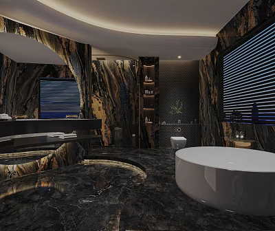 Luxurious Hotel Bathroom Interior With Marble Walls Freestanding Bathtub Large Mirror And Shelves 3d model