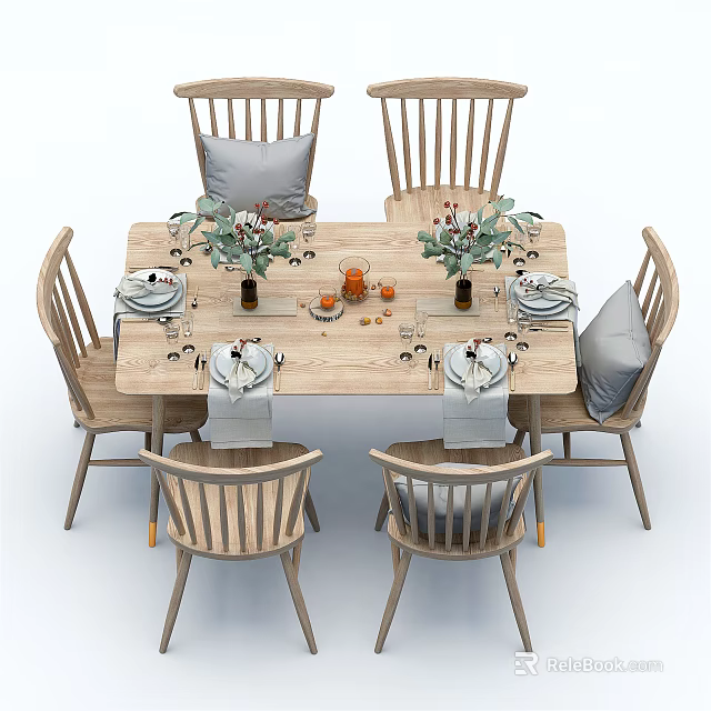 Natural Wooden Dining Table Set With Six Chairs Tableware And Floral Decor 3d model 