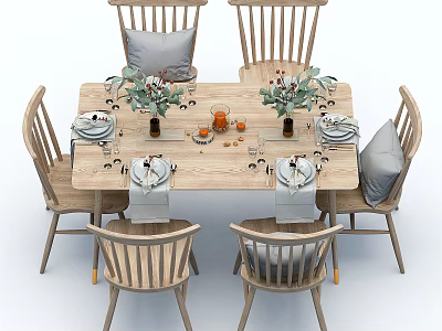 Natural Wooden Dining Table Set With Six Chairs Tableware And Floral Decor 3d model