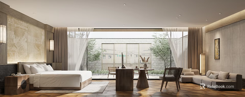 Modern Elegant Hotel Room Featuring Large Windows Wooden Furniture Green Plants And Natural Light 3d model 