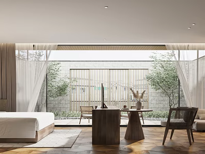 Modern Elegant Hotel Room Featuring Large Windows Wooden Furniture Green Plants And Natural Light 3d model