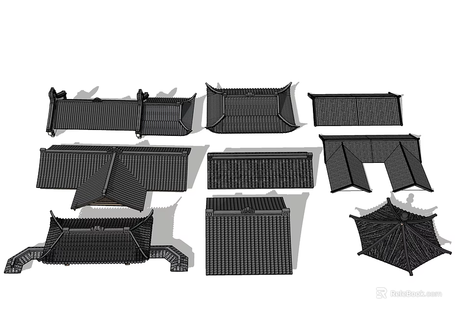 Traditional Chinese Architectural Roof Components Including Tiles And Eave Structures 3d model
