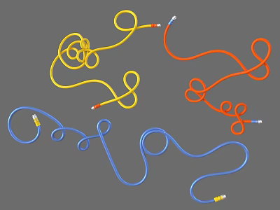 Colorful Coiled Cables in Yellow Orange Blue with Connectors on Gray Background 3d model
