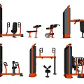 Various Commercial Sports Equipment Including Strength Training Machines And Multi Functional Units With Orange And Gray Frames
