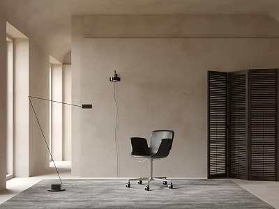 Modern Black Office Chair In Minimalist Room With Natural Light And Floor Lamp 3d model