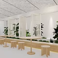 Modern Casual Lounge Area Featuring Wooden Benches Green Plants And White Lattice Partitions