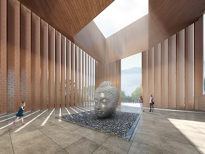 Front Desk Reception Area In Modern Lobby With Wooden Slatted Walls And Skylight 3d model