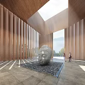 Front Desk Reception Area In Modern Lobby With Wooden Slatted Walls And Skylight