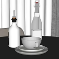 White Condiment Bottle Glass Water Bottle Ceramic Cup And Saucer On Table