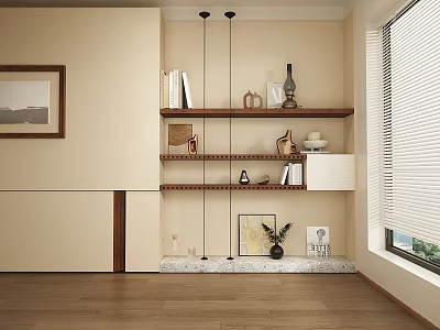 Modern Wooden Bookshelf with Books Decorations and Photo Frames in Beige Living Room 3d model