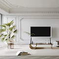 Elegant Living Room Interior With White Walls Moldings TV Stand White Sofa And Palm Plant