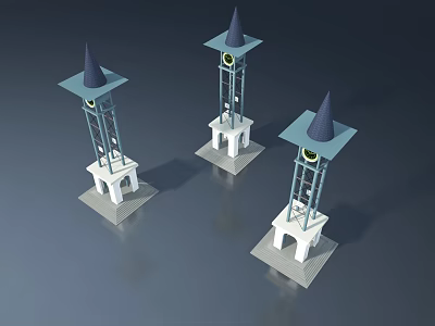 Swing Door Tower Design With Blue Spire White Base Metal Frame And Clock 3d model