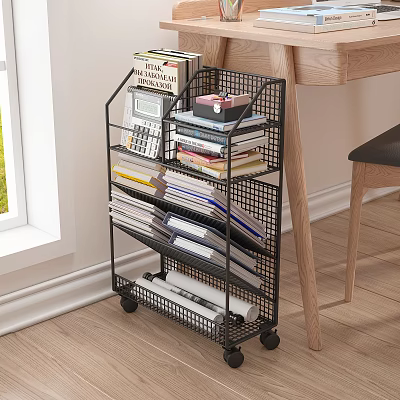 Metal Rolling Shelf Organizing Books Magazines With Multiple Tiers In Home Office 3d model