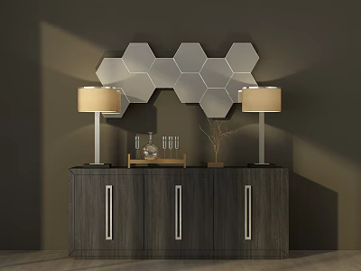 Modern Wooden Shoe Cabinet With Hexagon Mirrors And Table Lamps On Top 3d model