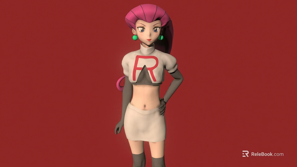 Game Animated Character With Pink Hair Green Earrings Red R Symbol White Outfit 3d model 