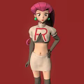 Game Animated Character With Pink Hair Green Earrings Red R Symbol White Outfit
