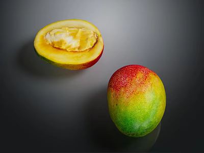 Juicy Mango Fruit Whole And Sliced Displaying Yellow Pulp And Colorful Skin 3d model