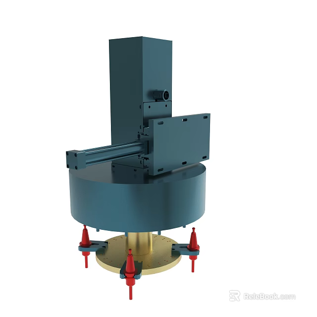 Industrial Mechanical Device With Circular Base Vertical Structure And Red Support Feet 3d model