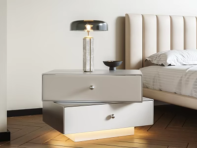 Modern Light Colored Bedside Table In Bedroom With Drawers LED Light And Table Lamp 3d model