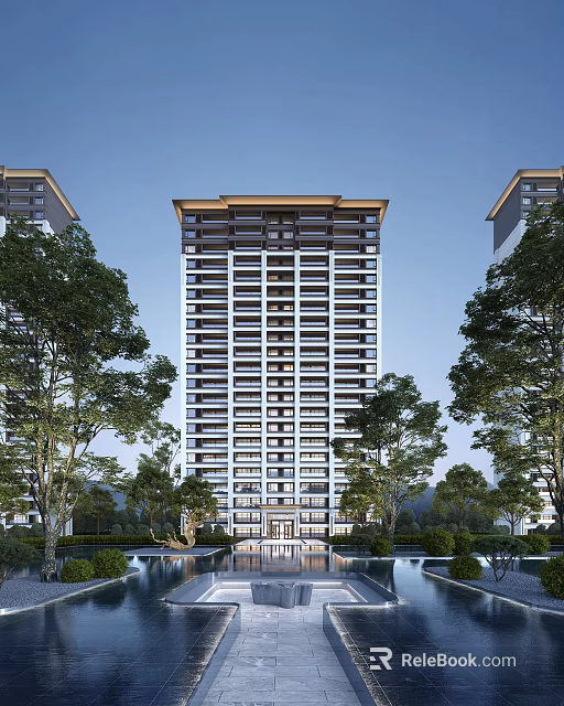 Tall Modern Residential Building with Multiple Floors Surrounded by Green Trees and Lush Landscaping 3d model 