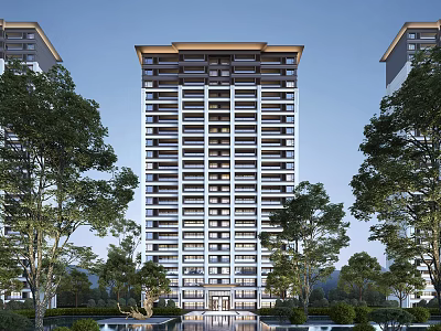 Tall Modern Residential Building with Multiple Floors Surrounded by Green Trees and Lush Landscaping 3d model
