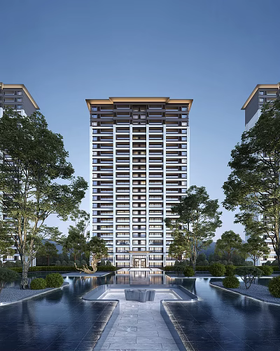 Tall Modern Residential Building with Multiple Floors Surrounded by Green Trees and Lush Landscaping 3d model