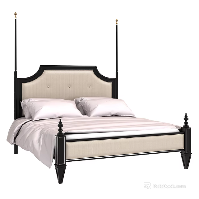 Classic Black Frame Double Bed With Beige Upholstered Headboard And Button Tufted Design 3d model
